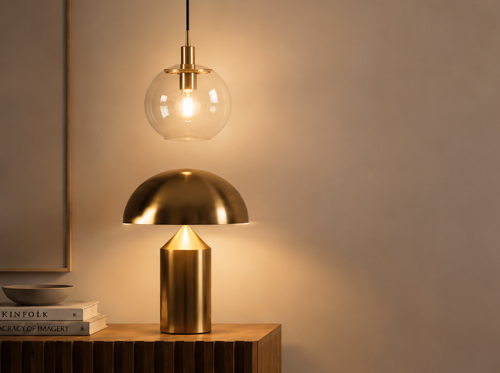 Glass globe pendant with a brass table lamp on a wood cabinet against a warm beige wall.