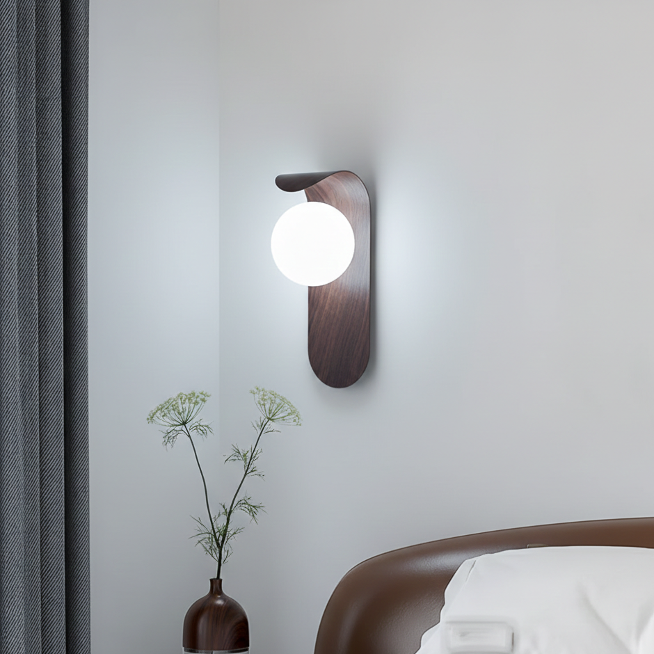 Bondilane — Modern Wood Effect LED Wall Light with Round Globe Shade