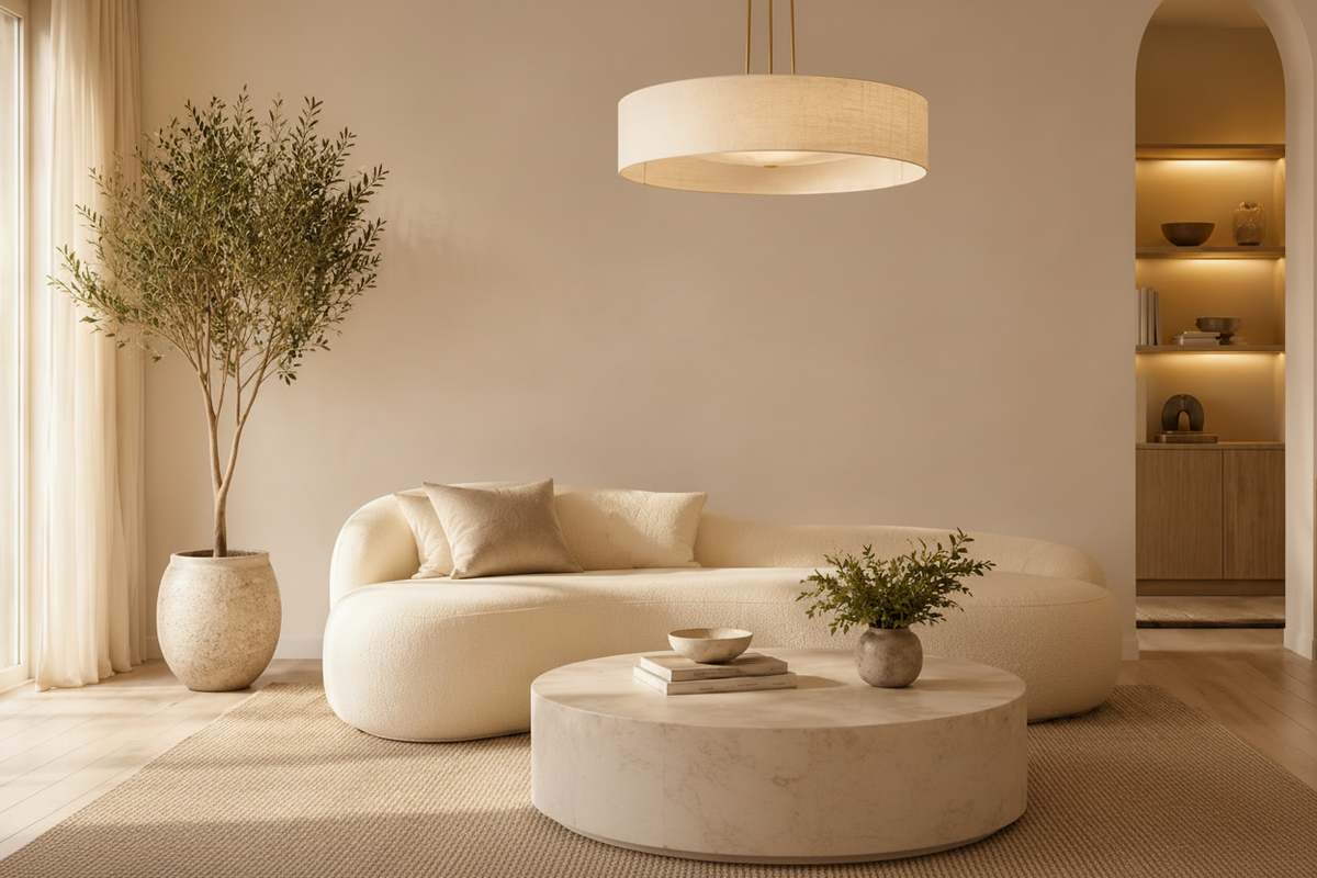 Wide cream pendant shade above a curved sofa and oval stone coffee table.