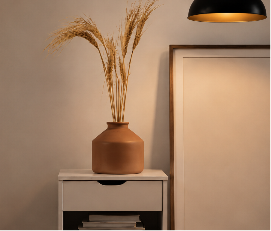 Black pendant hanging above a terracotta vase and dried grasses beside framed art.