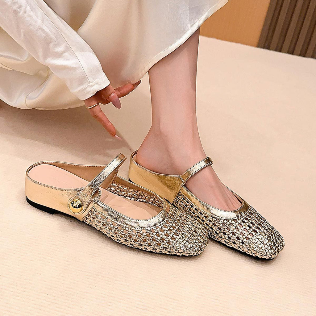 Bondilane — Women's woven Square-Toe Mules Woven Square Toe Slip On Flats