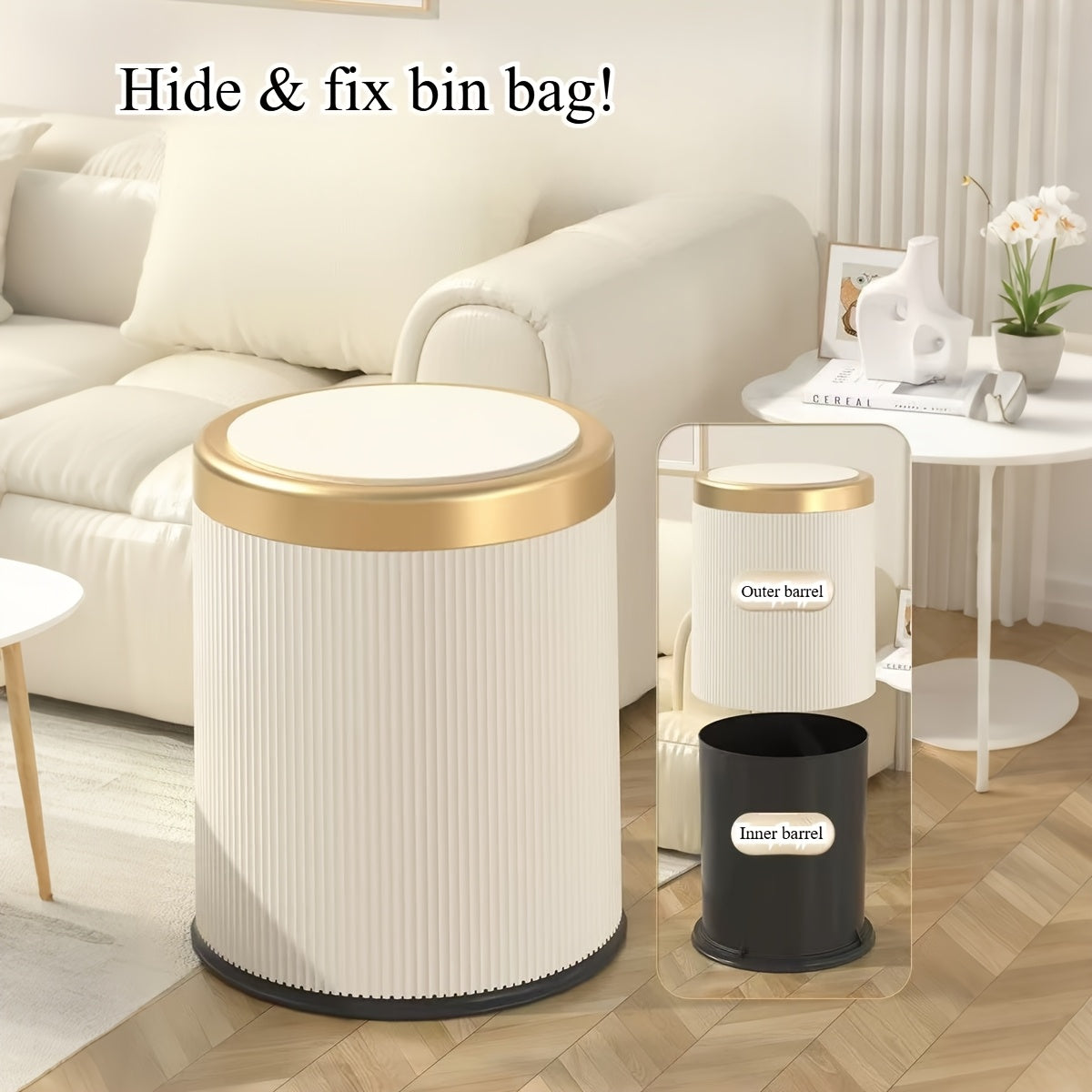 Luxury Bathroom Trash Can Oval Press Top Waste Bin Gold Lid - Image 9