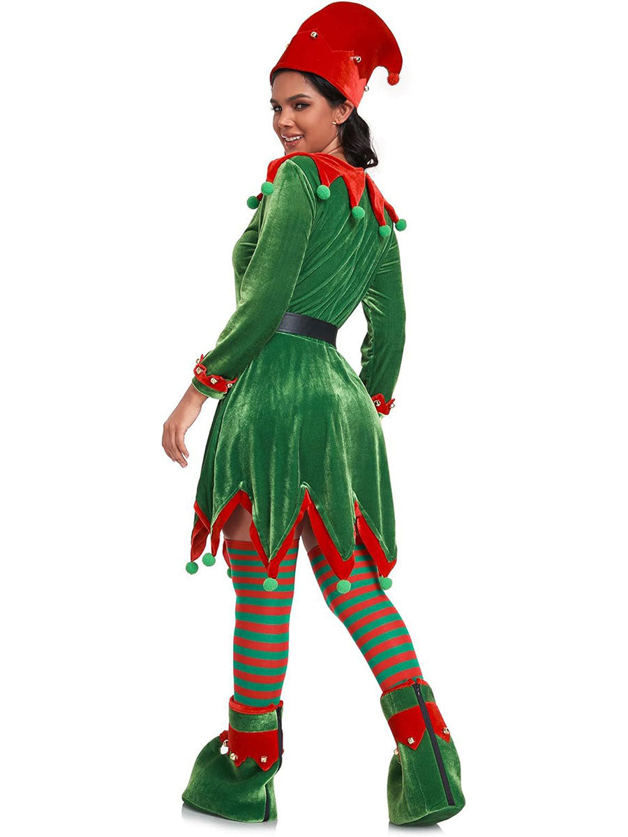 Women 6 Piece Velvet Christmas Elf Costume Set - Image 3