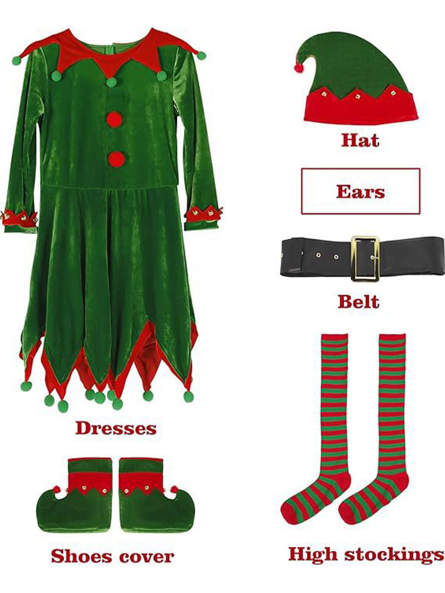 Women 6 Piece Velvet Christmas Elf Costume Set - Image 9