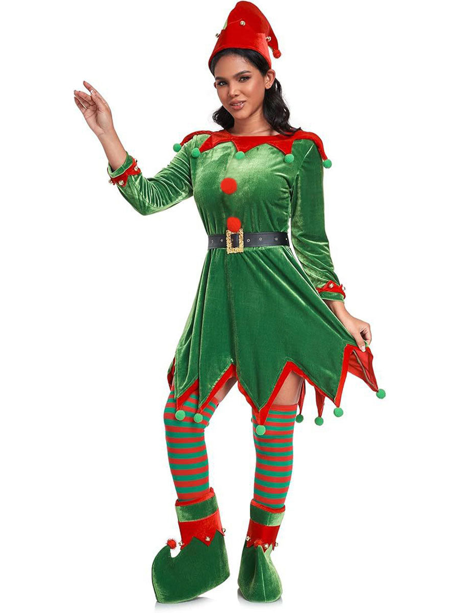 Women 6 Piece Velvet Christmas Elf Costume Set