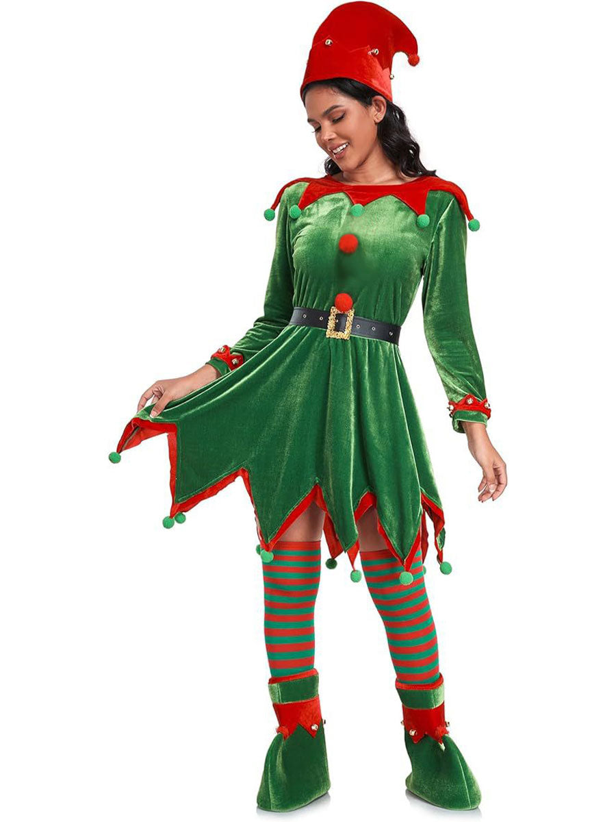 Women 6 Piece Velvet Christmas Elf Costume Set - Image 5