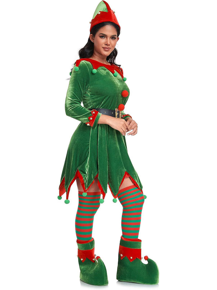 Women 6 Piece Velvet Christmas Elf Costume Set - Image 6