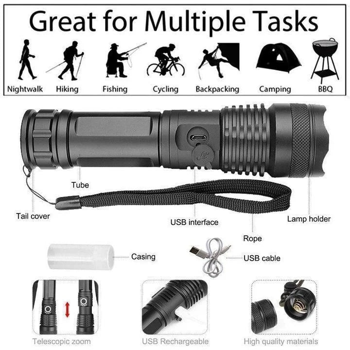 Rechargeable High Power LED Torch Ultra Bright Zoom Flashlight