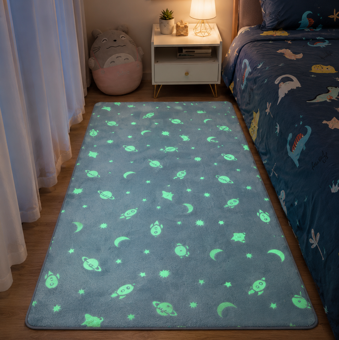 Magical Glow in the Dark Kids Rug with Moon and Star Design
