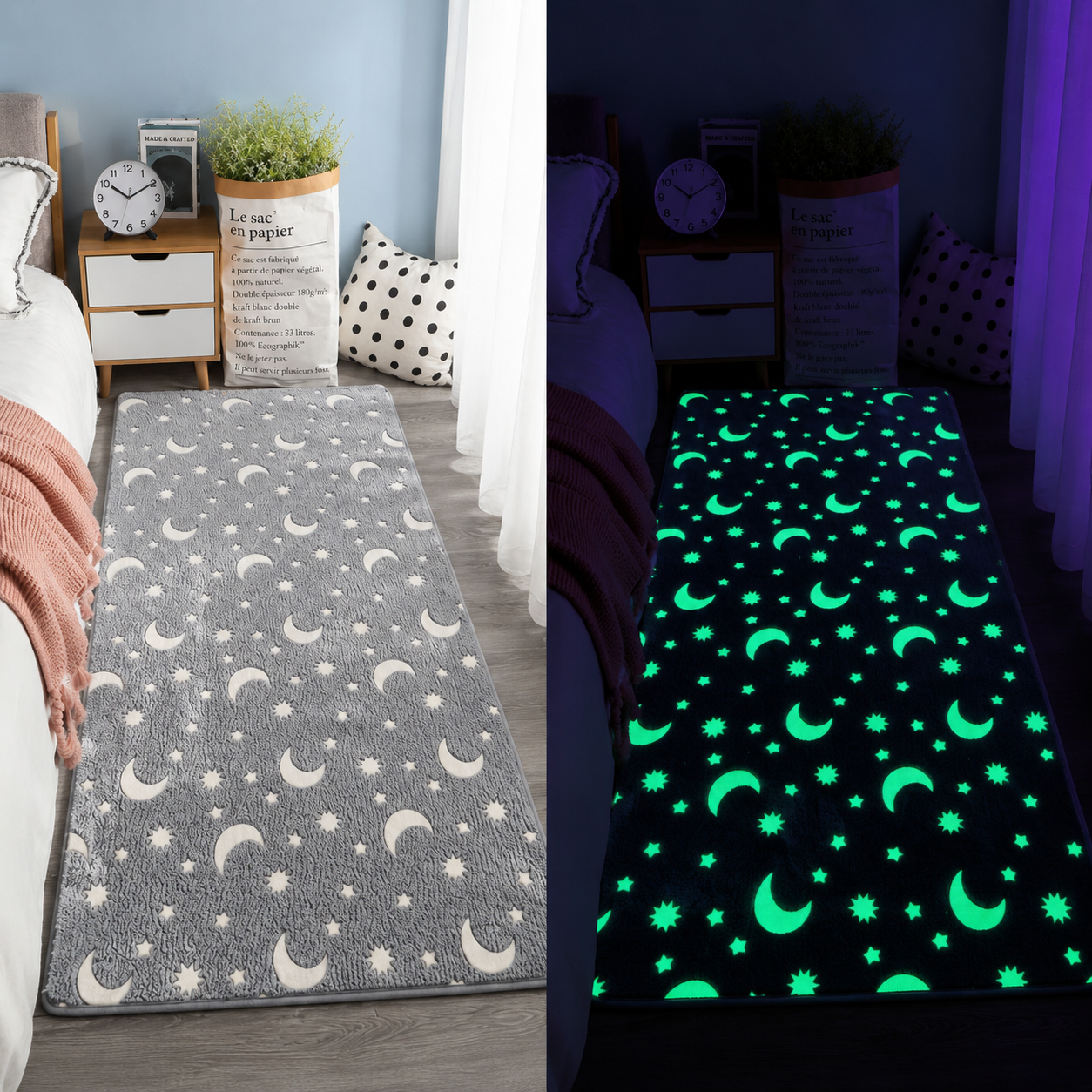 Magical Glow in the Dark Kids Rug with Moon and Star Design