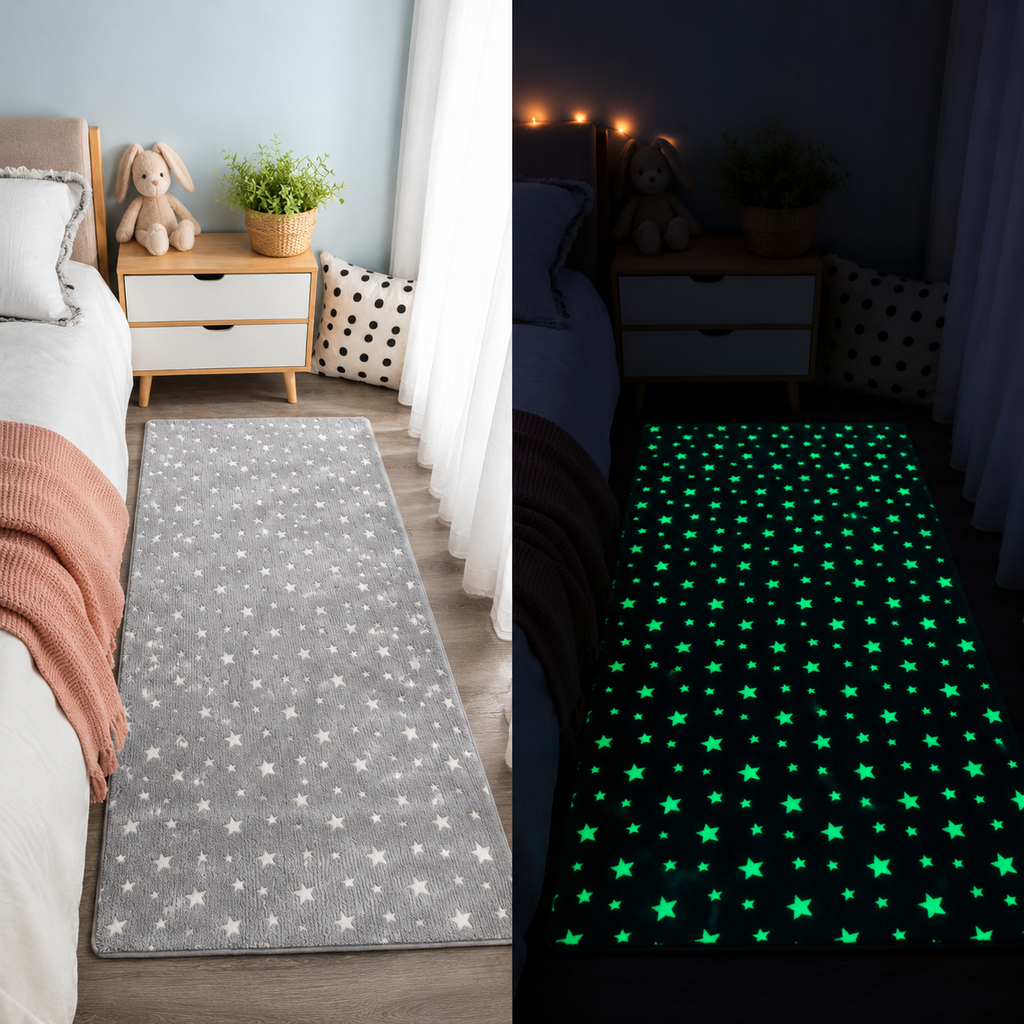 Magical Glow in the Dark Kids Rug with Moon and Star Design