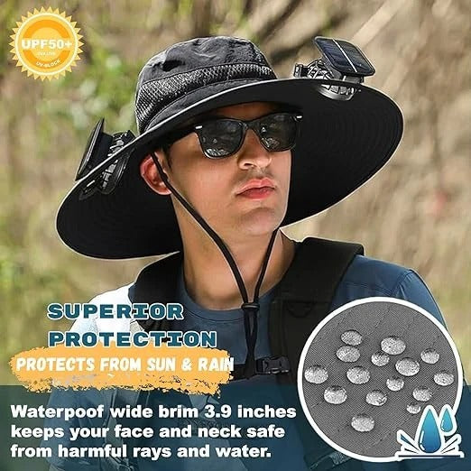Men Sun Hat Solar Powered Cooling Fans with Wide Brim Protection