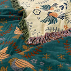 Reversible Nordic Bird & Floral Cotton Throw Blanket