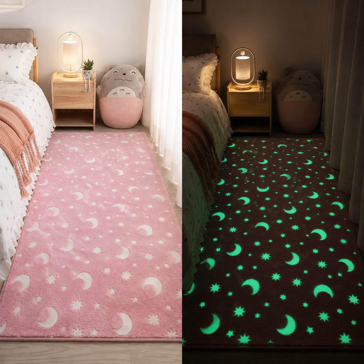 Magical Glow in the Dark Kids Rug with Moon and Star Design