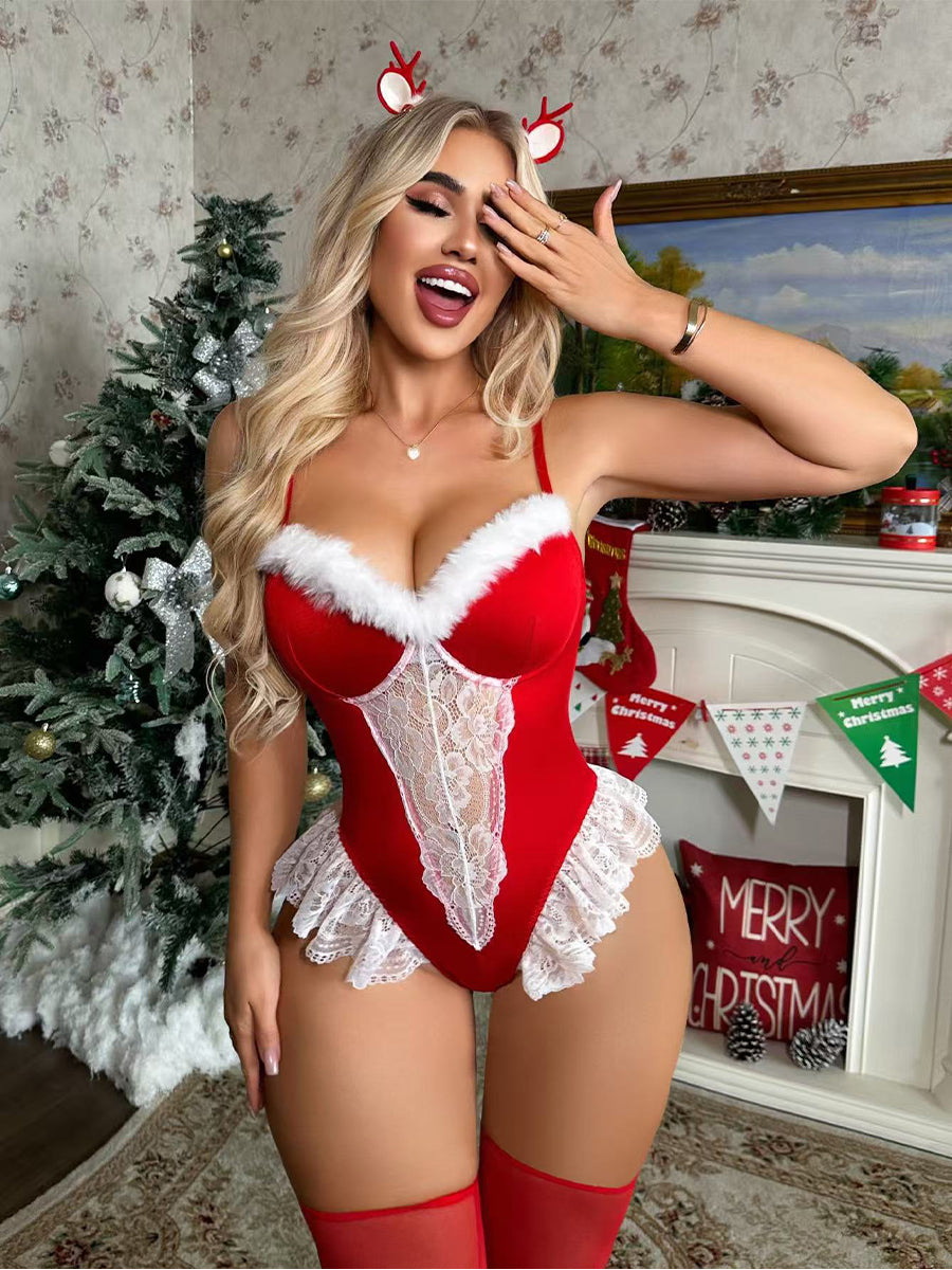 Women 3 Piece Velvet Lingerie Set Mrs Claus