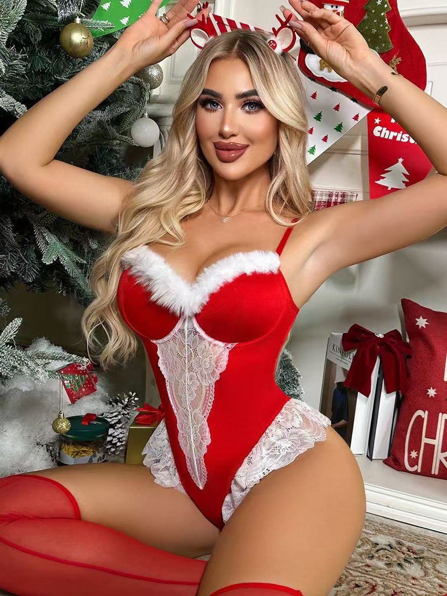 Women 3 Piece Velvet Lingerie Set Mrs Claus - Image 3