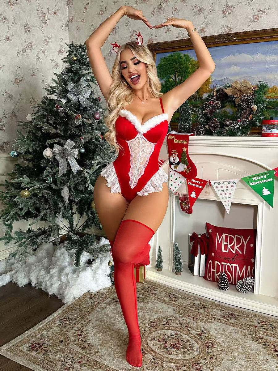 Women 3 Piece Velvet Lingerie Set Mrs Claus - Image 5
