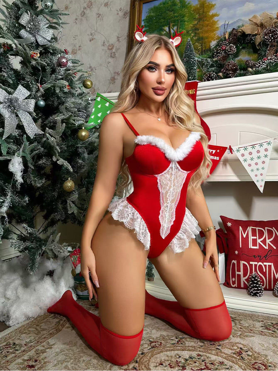 Women 3 Piece Velvet Lingerie Set Mrs Claus - Image 2