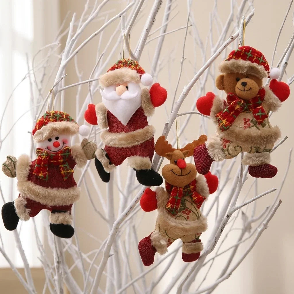 Set of 4 Plush Christmas Tree Ornaments Faux Fur Trim