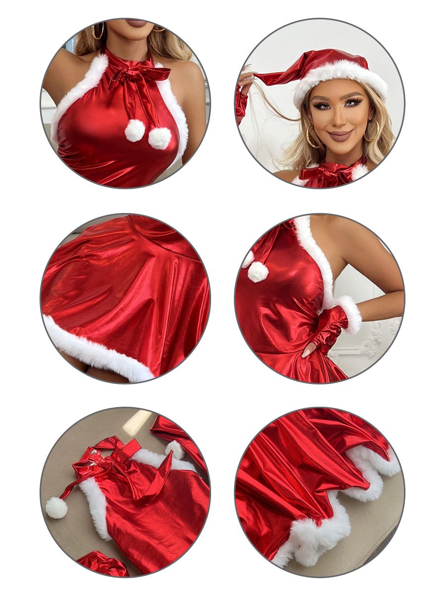 Womens 4 Piece Metallic Santa Costume - Image 9