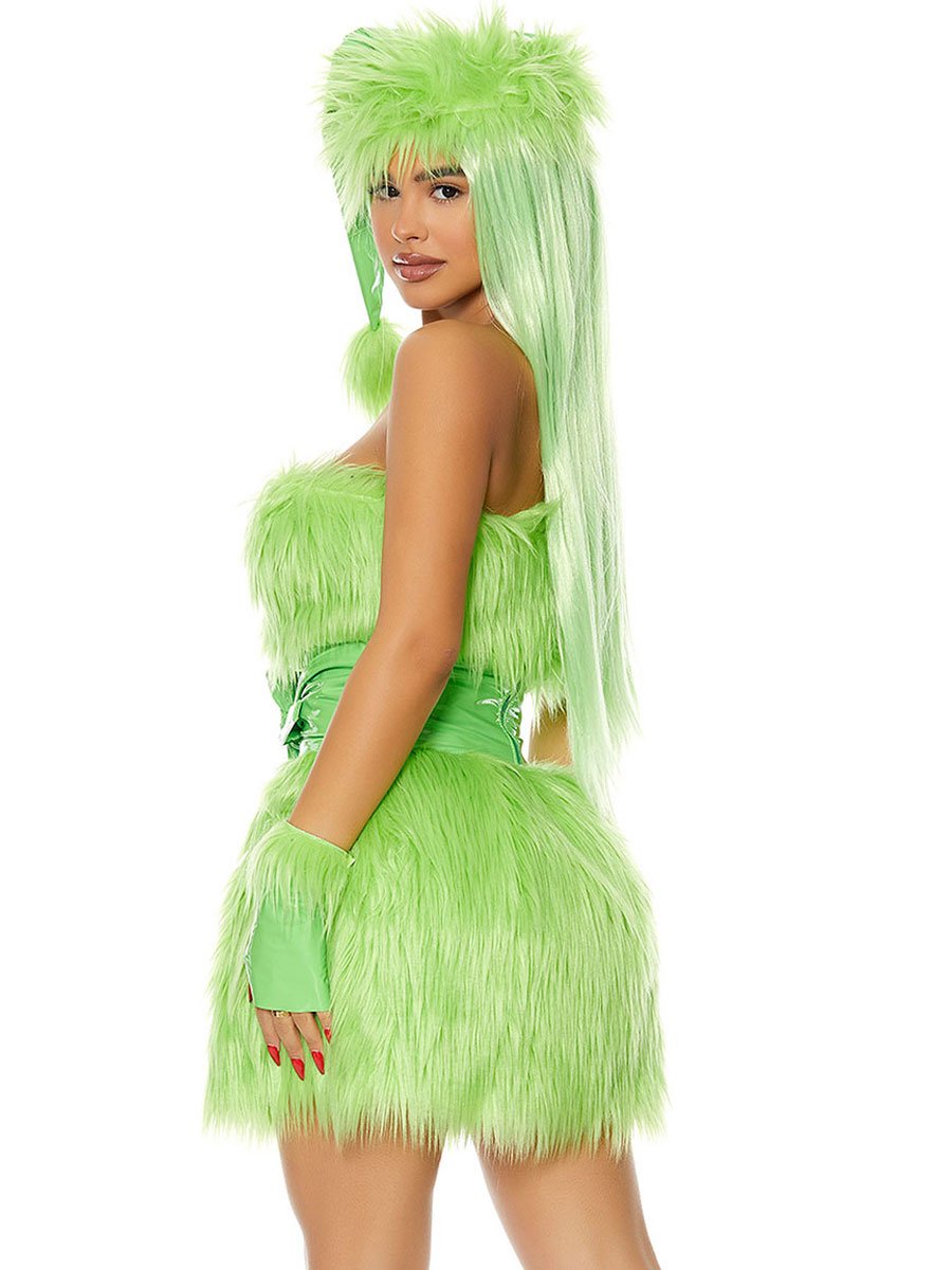 Women 4 Piece Faux Fur Green Monster Costume - Image 2