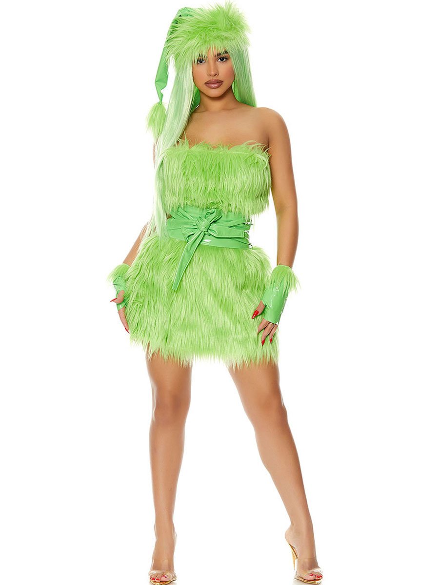Women 4 Piece Faux Fur Green Monster Costume - Image 3