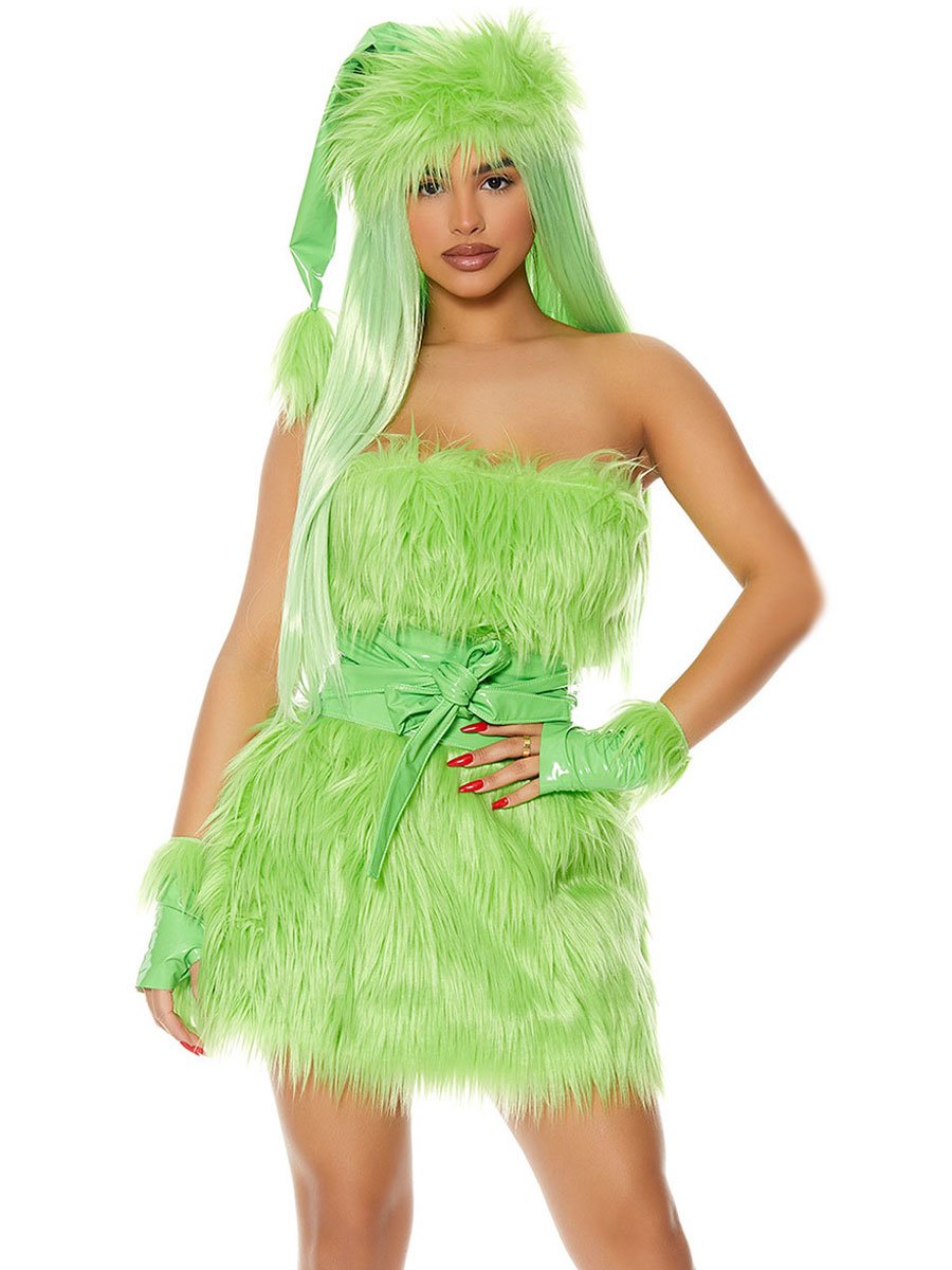 Women 4 Piece Faux Fur Green Monster Costume