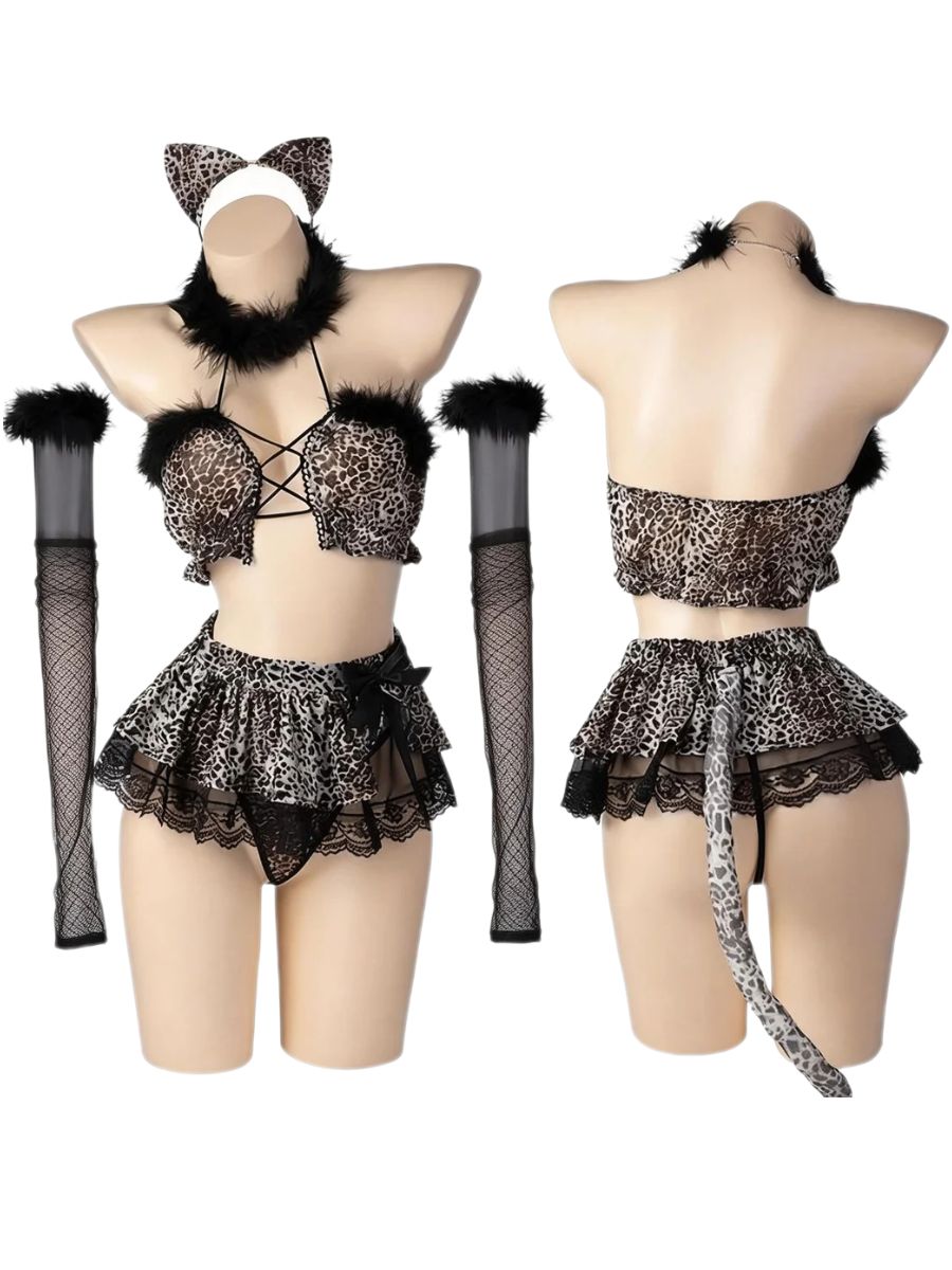 Women 5 Piece Cat Cosplay Lingerie Set Leopard Print - Image 8