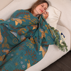 Reversible Nordic Bird & Floral Cotton Throw Blanket