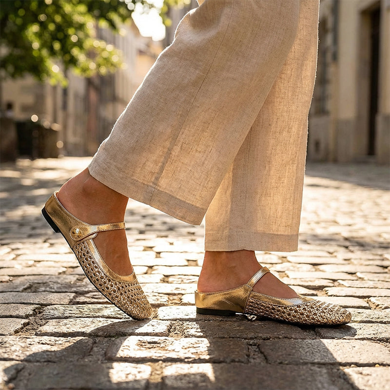 Women's Mary Jane Mules Woven Square Toe Slip On Flats