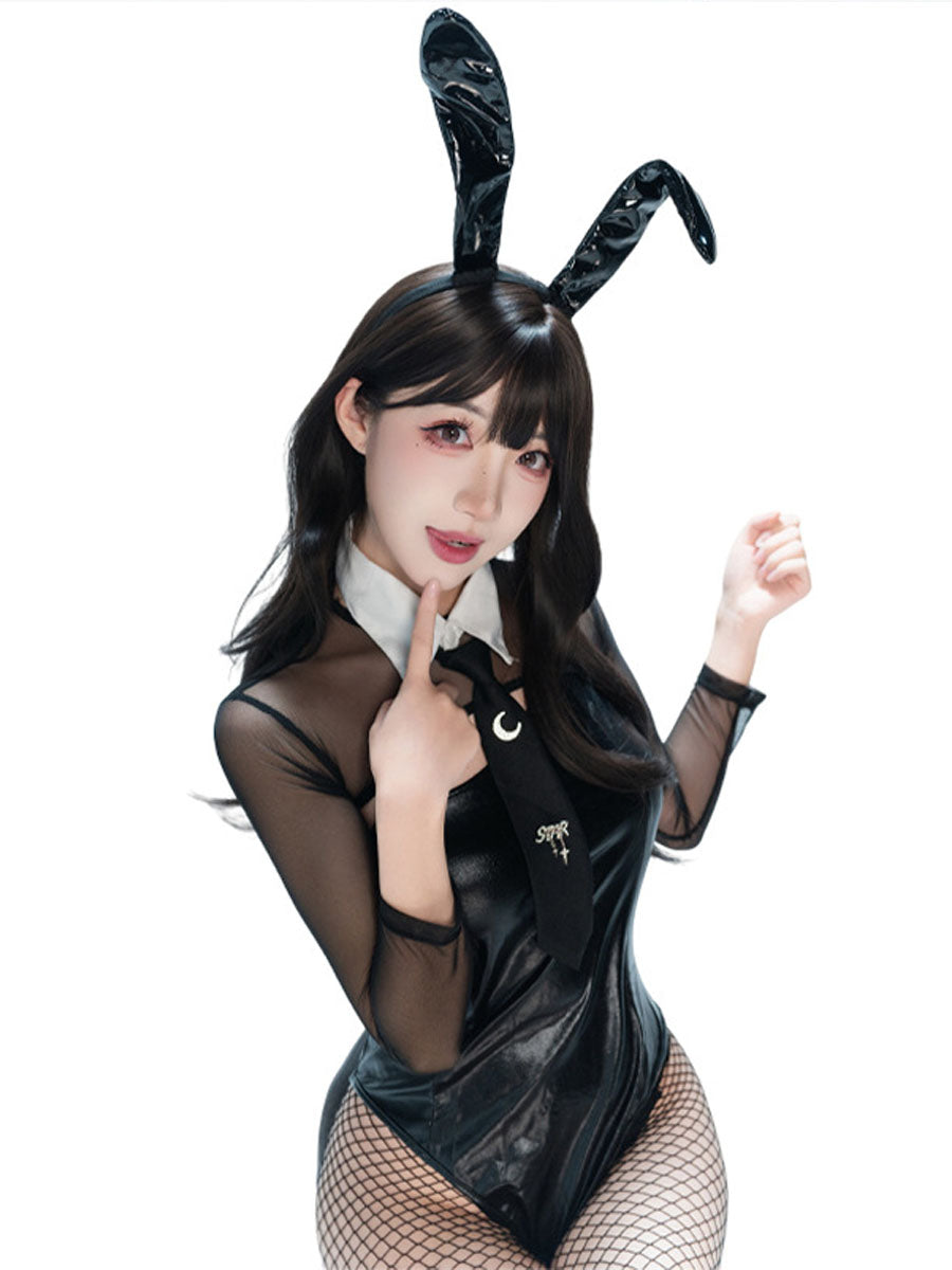 Women Faux Leather Bunny Bodysuit - Image 7